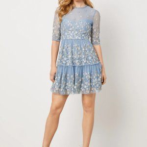 NWT BCBGMAXAZRIA Evaline Embroidered Floral Sheer Dress In Shadow Blue, Size 12